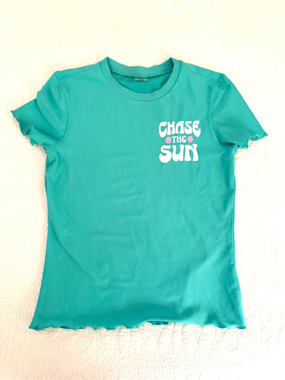 Old Navy Teal Kids Swim Rashguard with "Chase The Sun" Graphic L 10-12 like new